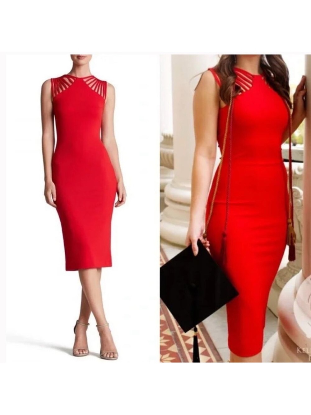 Dress The Population Gwen Midi Dress Red Strappy Back Bodycon Cocktail Womens XL